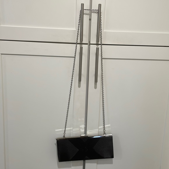 NWOT black satin clutch with chain link strap - Picture 2 of 5